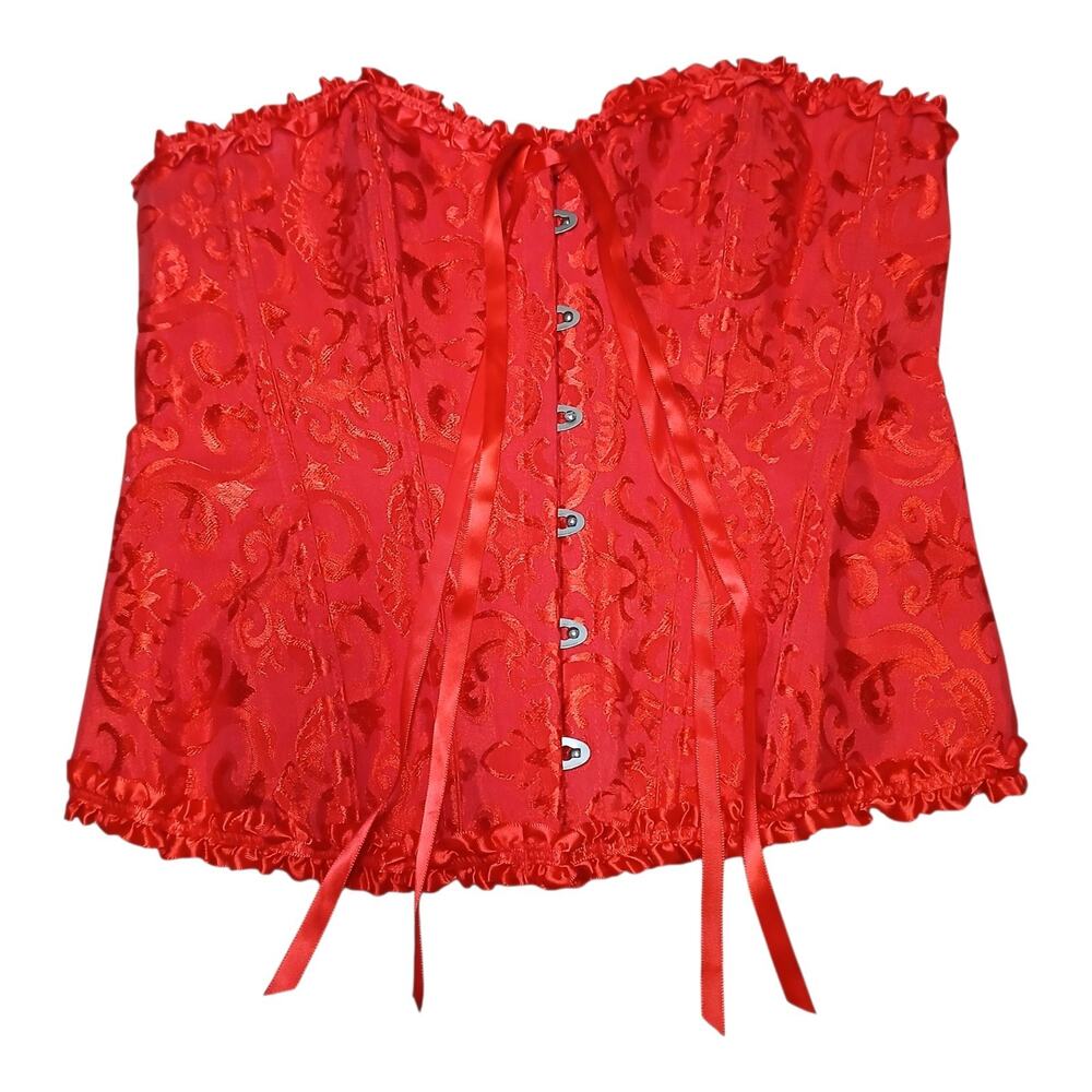 Red Brocade Corset Top Women’s L Satin Ribbon‎ Lace Up Bustier Gothic Y2K V-Day